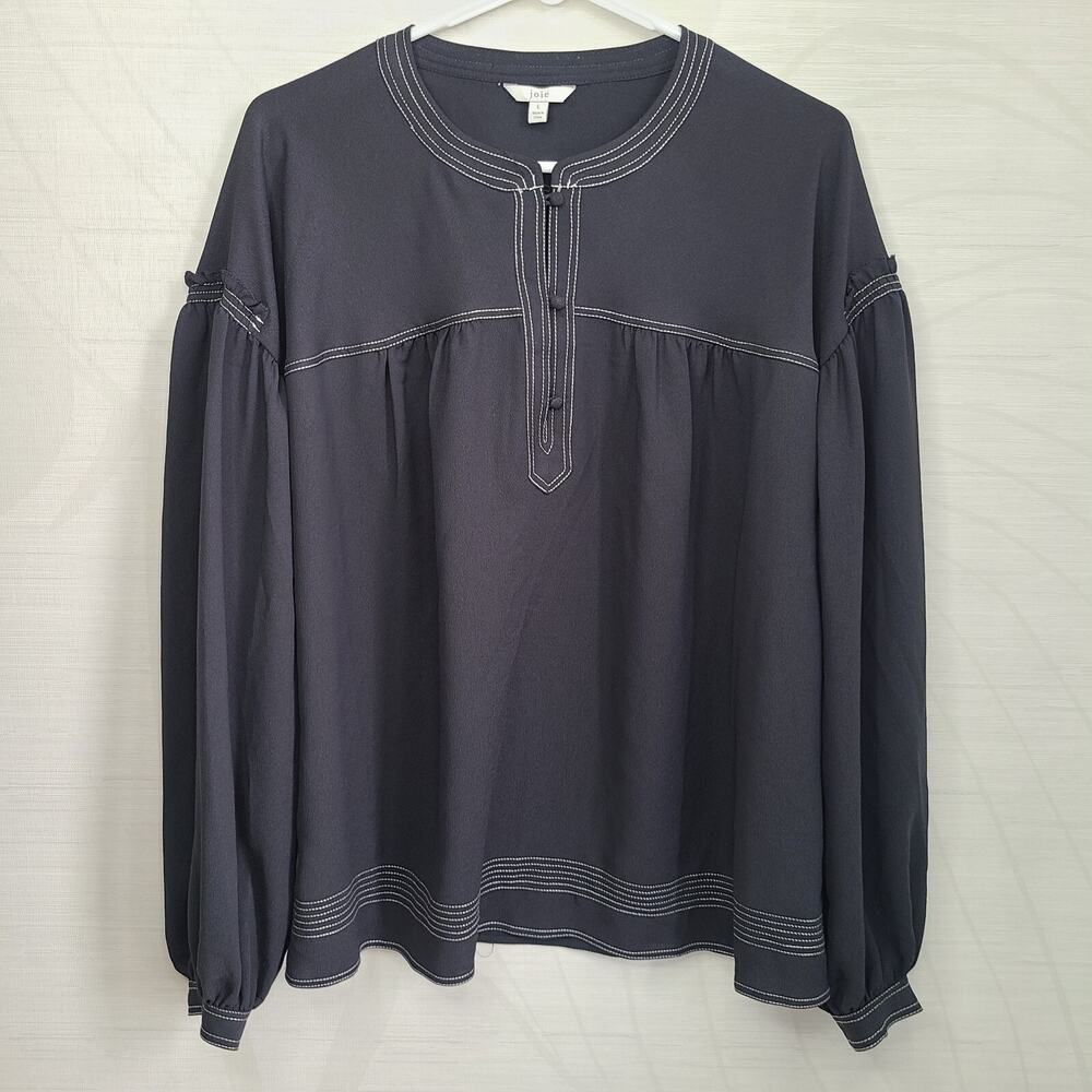 Joie Black Blouse Shirt Tunic 100% Polyester 3 Button Loose 3/4 Balloon Sleeve